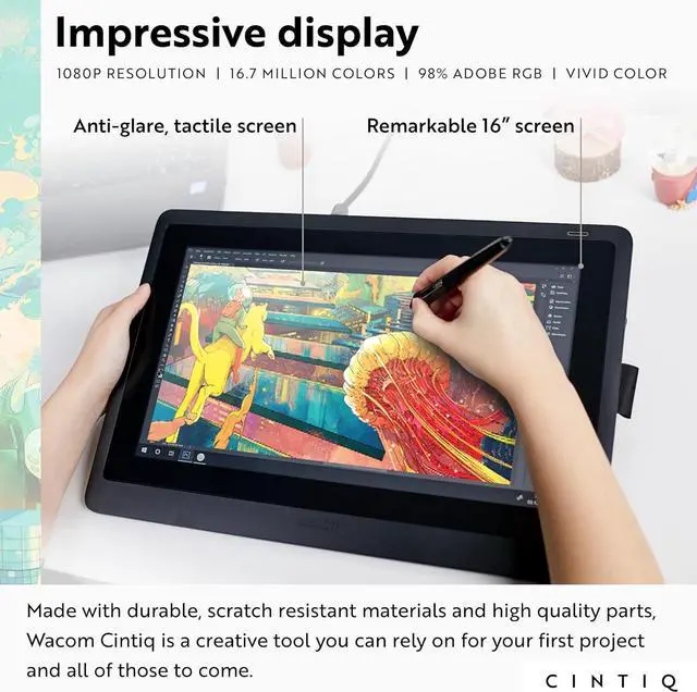 Alt view image 3 of 7 - Cintiq 16 Drawing Tablet with Screen, 15.4" Full HD LCD Display Graphic Arts Tablet Includes Pro Pen 2 w/ Tilt Response, Graphic Design Animation Tablet for Mac, PC