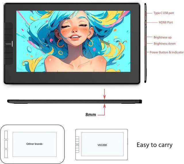 Alt view image 7 of 7 - Drawing Tablet with Screen VEIKK VK1200 11.6 inch Full-Laminated Drawing Monitor with 6 Shortcut Keys and 8192 Levels Battery Free Stylus Pen, for PC/Mac/Linux/Windows(120% sRGB)