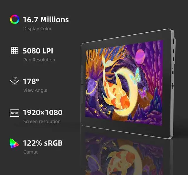 Alt view image 3 of 7 - Tablet with Screen Full-Laminated Anti-Glare Graphics Drawing Monitor Artist 13.3 inch Graphics Tablet 6 Hot Keys with Stylus Tilt 8192 Pen Pressure and 122% sRGB Digital Drawing Tablet