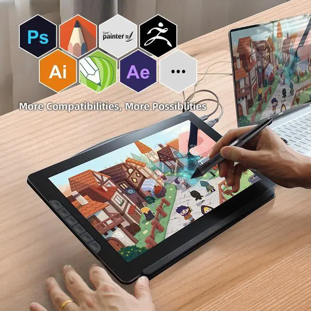 Alt view image 6 of 7 - Tablet with Screen Full-Laminated Anti-Glare Graphics Drawing Monitor Artist 13.3 inch Graphics Tablet 6 Hot Keys with Stylus Tilt 8192 Pen Pressure and 122% sRGB Digital Drawing Tablet