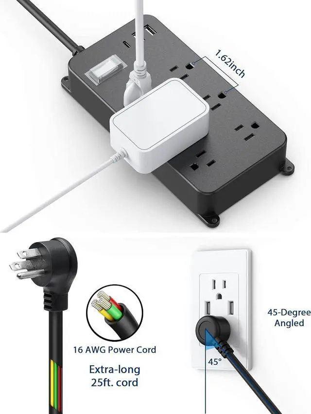 Alt view image 7 of 7 - Outdoor Surge Protector Weatherproof,Mountable Power Strip with USB C,IPX6 Waterproof Extension Cord Multiple Outlet for Patio Accessories,6 Outlets and 3 USB Ports,25ft Cable,Flat Plug(2000 Joules)