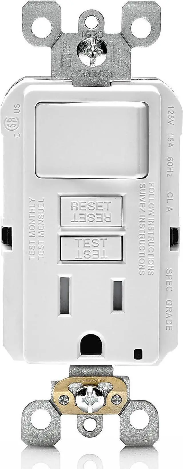 Main image of GFSW1-W 15-Amp Self-Test Smartlockpro Slim GFCI Combination Switch Tamper-Resistant Receptacle with LED Indicator, 20-Amp Feed-Through, 3 Pack, White