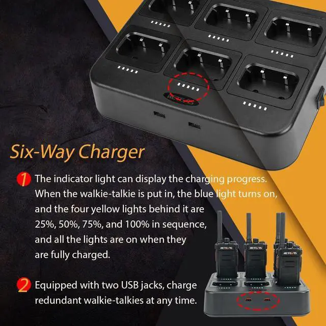 Alt view image 6 of 7 - RB26 Walkie Talkies with Earpiece and Mic Set, GMRS Radio, Two Way Radio Long Range, 2000mAh Battery, Six Way Multi-Unit Charger, Repeater Capable, 2 Way Radio for School Manufacture (6 Pack)