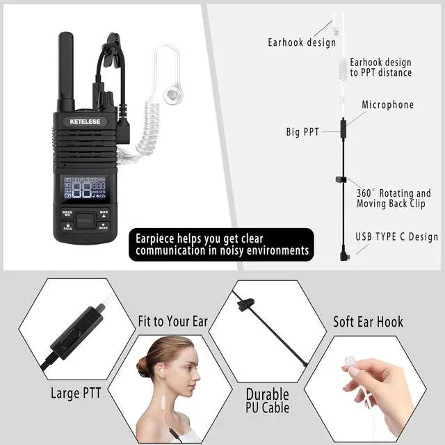 Alt view image 3 of 7 - Two Way Radio, FRS Walkie Talkies with Earpiece, Long Range Walkie Talkies for Adults, USB C Rechargeable 2 Way Radio, NOAA, VOX, Group Call for Traveling Biking Camping Hiking, 6 Pack