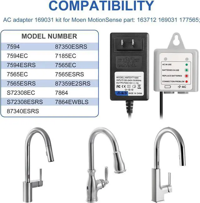 Alt view image 4 of 7 - AC Power Cord Adapter Kit 169031 for Moen MotionSense Kitchen Faucets, Kitchen Faucet Charger Power Replacement Kit
