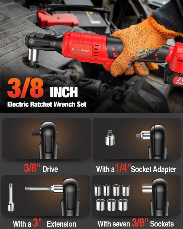 Alt view image 6 of 7 - Electric Ratchet Wrench Set 3/8", Upgraded 60 Ft-lbs 21V Powerful Ratchet Tool Kit, With LED Light Cordless Ratchet,Variable Speed,7 Sockets, 3" Extension Bar, 1/4" Adapter, 2*2000mAh Battery