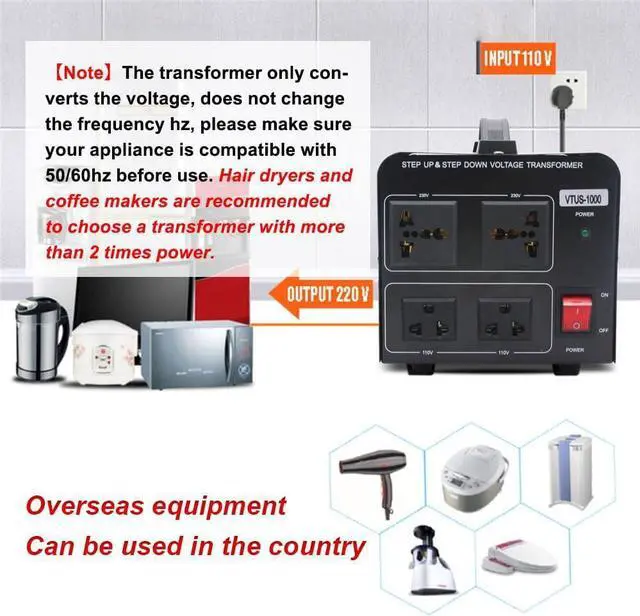 Alt view image 2 of 7 - 1000W Voltage Converter Transformer(110V to 220V OR 220V to 110V) 1000 Watt Step Up/Down Converter 110/120 Volt - 220/240 Volt w/US Power Cord,Circuit Breaker Protection (VTUS-1000)
