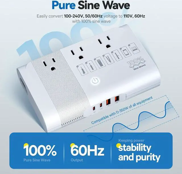Alt view image 2 of 7 - 220V to 110V Voltage Converter, Max 500W Pure Sine Wave Voltage Converter US to Europe, International Universal Power Adapter Plug Combo for CPAP Hair Straightener Laptop Cell Phone