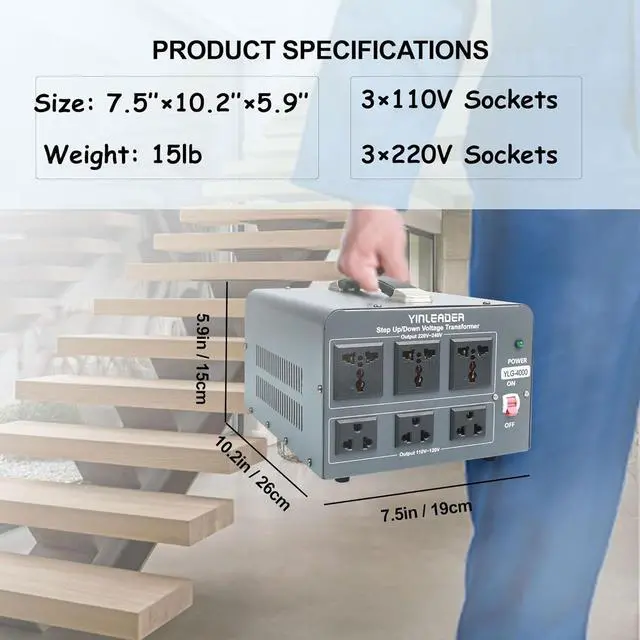 Alt view image 4 of 7 - 110V to 220V Voltage Converter Transformer 4000W Step Up/Down 110/120-220/240V with US and Universal Outlet,Resettable Circuit Breaker