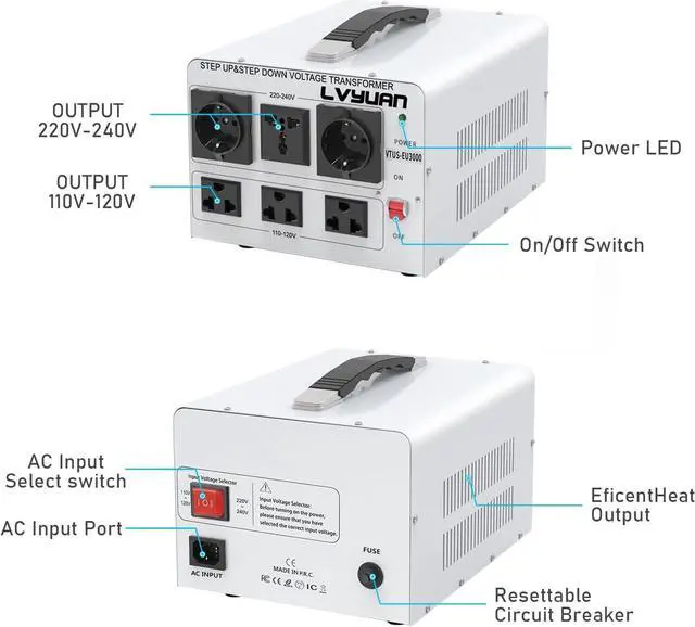 Alt view image 2 of 7 - 3000W Voltage Transformer Power Converter Step Up 110V to 220V, Step Down 220V to 110V, 110/120 Volt - 220/240 Volt