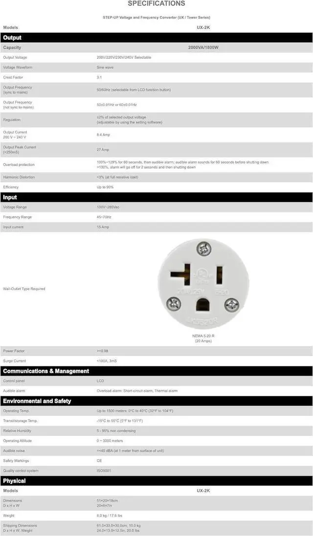 Alt view image 5 of 6 - 220 Volt/50Hz AC Power Source - Step-Up Voltage & Frequency Converters (2000VA/1800W) UX-2K