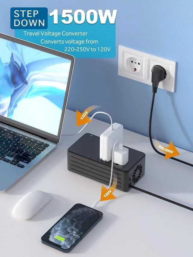 Alt view image 3 of 6 - Step Down Voltage Converter 220V to 110V for Powering Any American Appliances up to 1500W Overseas, Like Hair Dryer, Rice Cooker, Coffee Maker, Worldwide Plug Adapter US to EU, UK, AU, Asia