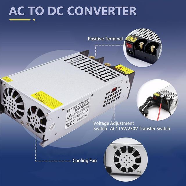 Alt view image 3 of 7 - DIY SMPS 110V 230V AC to DC 12V 125AV 1500W Power Supply Adapter,Converter Power Supply,DC 12V Voltage Transformer for Motor Pump CCTV 3D Printer Air Compressor Led (12V-125A-1500W, 12V)