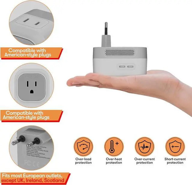 Alt view image 5 of 7 - 2 Pack 220V to 110V Travel Voltage Converter US to Europe European International Universal Plug Adapter Step Down Power Converter Adapter with 2 USB 2 USB C for Italy Spain Switzerland France