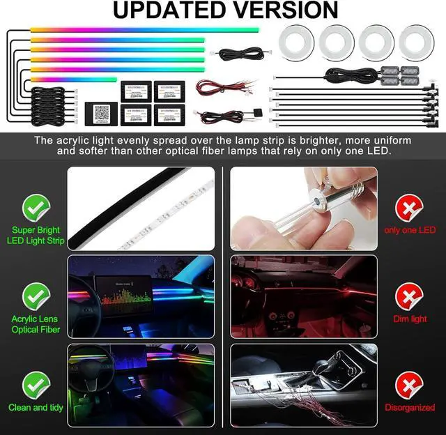 Alt view image 5 of 7 - Acrylic Interior Car LED Strip Light with Wireless APP, RGB 22 in 1 with 175 inches 593 LEDs Fiber Optic Ambient Lighting Kits, 16 Million Colors Sound Active Function Car Neon Lights