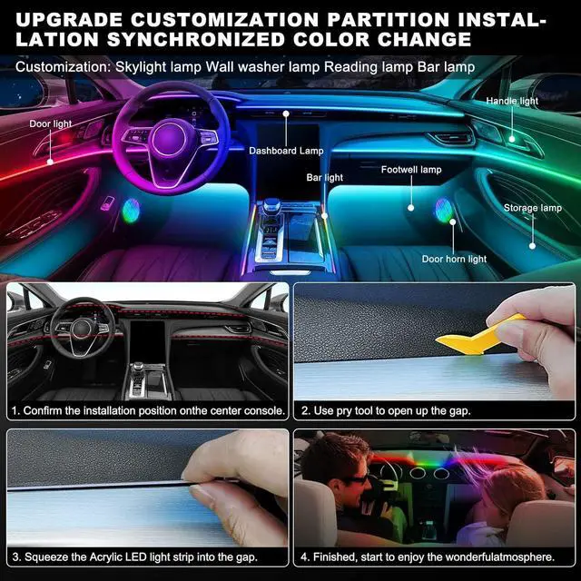 Alt view image 6 of 7 - Acrylic Interior Car LED Strip Light with Wireless APP, RGB 22 in 1 with 175 inches 593 LEDs Fiber Optic Ambient Lighting Kits, 16 Million Colors Sound Active Function Car Neon Lights