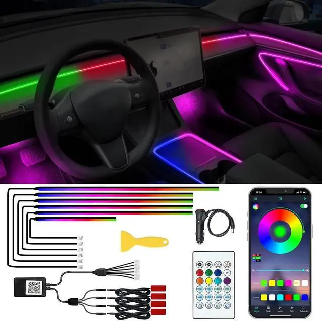 Main image of Acrylic Interior Car LED Lights with Remote and Wireless APP 10 in 1,Ambient Lighting Kits Fiber Optic Strip LEDs,16 Million Colors Music&DIY Function