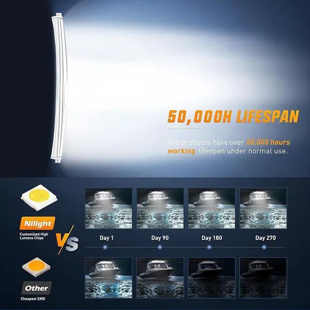 Alt view image 4 of 7 - Marine LED Light Bar Navigation Lights 52 Inch Curved White Spot Flood Combo Ponton Boat Deck Dock Lights for Night Fishing T-top Stern Yacht Sailboat Trucks Tractors