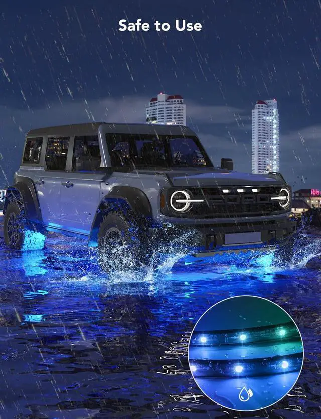 Alt view image 6 of 7 - Car Underglow Lights, 8 pcs RGBIC Under Car Lights with 16 Million Colors and 45 Scene Modes, Exterior Car Lights with App Control, 3 Music Modes LED Lights for Cars, SUVs, Trucks, DC 12-24V