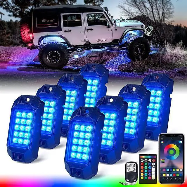 Main image of RGB Bluetooth Rock Lights Kit, Multicolor Neon Lighting Cars Underglow Footwell Wheel Well Light Pods, w/RF Remote Controller for Off-Road, Trucks, UTV, ATV, SUV, RZR, Motorcycles, Boat 8 PCS