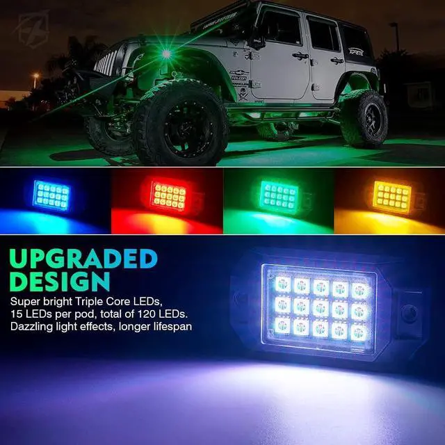 Alt view image 2 of 7 - RGB Bluetooth Rock Lights Kit, Multicolor Neon Lighting Cars Underglow Footwell Wheel Well Light Pods, w/RF Remote Controller for Off-Road, Trucks, UTV, ATV, SUV, RZR, Motorcycles, Boat 8 PCS