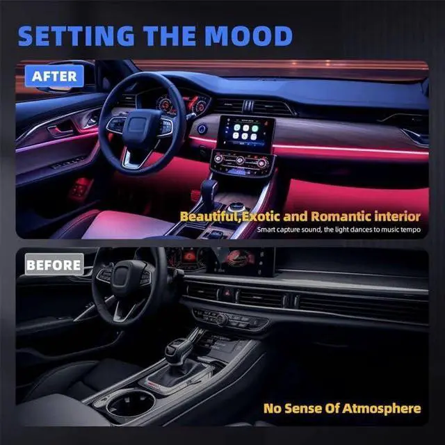 Alt view image 2 of 6 - Car Acrylic Interior LED Strip Lights with USB, Ambient Lighting for Cars SUV Truck, Dynamic Chasing Sync to Music