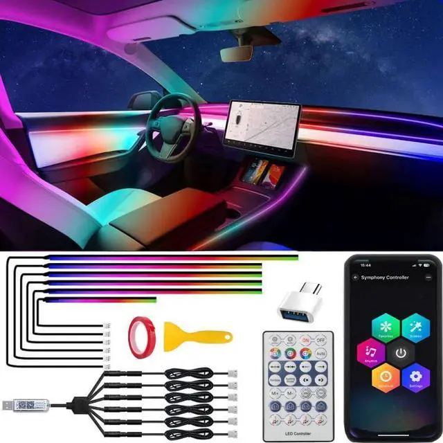 Main image of Car Acrylic Interior LED Strip Lights with USB, Ambient Lighting for Cars SUV Truck, Dynamic Chasing Sync to Music