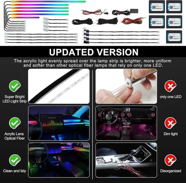 Alt view image 5 of 7 - Acrylic Interior Car LED Strip Light with Wireless APP, RGB 18 in 1 with 175 inches 600 LEDs Fiber Optic Car Ambient Lighting Kits, Dual Zone Sound Active Function LED Strip for Car