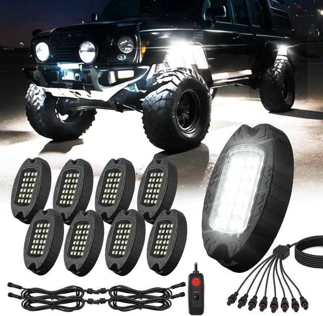 Main image of 8 Pods Metal LED White Rock Lights for Jeeps Truck Trailer Offroad ATV SUV UTV RZR, Alloy 6000K 24 LEDs Pure White Neon Underglow Light with Switch Extension Harness Under Trail Rig Fender Lighting