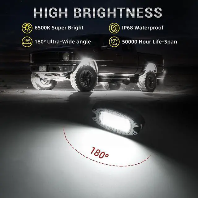 Alt view image 2 of 7 - 8 Pods Metal LED White Rock Lights for Jeeps Truck Trailer Offroad ATV SUV UTV RZR, Alloy 6000K 24 LEDs Pure White Neon Underglow Light with Switch Extension Harness Under Trail Rig Fender Lighting