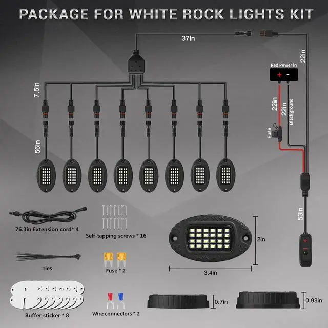 Alt view image 7 of 7 - 8 Pods Metal LED White Rock Lights for Jeeps Truck Trailer Offroad ATV SUV UTV RZR, Alloy 6000K 24 LEDs Pure White Neon Underglow Light with Switch Extension Harness Under Trail Rig Fender Lighting