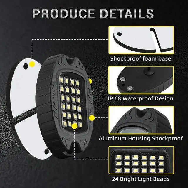 Alt view image 5 of 7 - 8 Pods Metal LED White Rock Lights for Jeeps Truck Trailer Offroad ATV SUV UTV RZR, Alloy 6000K 24 LEDs Pure White Neon Underglow Light with Switch Extension Harness Under Trail Rig Fender Lighting