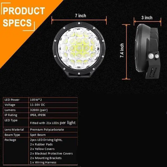 Alt view image 2 of 7 - Round LED Offroad Lights 7inch 2pcs 210W 32000LM LED Off Road Lights Super Bright Amber Offroad Lights Driving Lights Spot with Wiring Harness IP68 for Trucks Pickup ATV UTV SUV