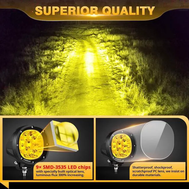 Alt view image 6 of 6 - LED Amber Fog Lights 4 inch 90W, Round Offroad Lights 9000LM Yellow Driving Light Bar, Off Road Spot Light Pods Bumper Ditch Work Lamps for Trucks Wrangler Motorcycle UTV