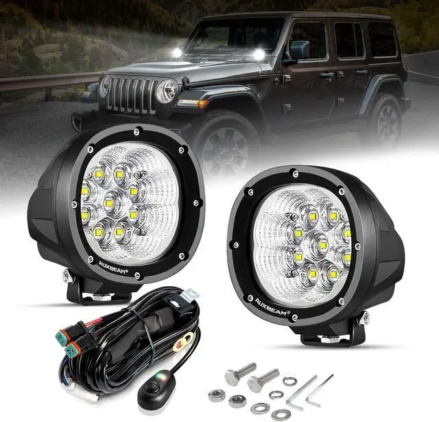 Main image of 4 Inch Round LED Light Pods, 90W Offroad Flood White Light Bar, Super Bright 9000LM Driving Work Light with DT Plug Wiring Harness Kit for Truck Boat Pickup ATV UTV SUV-2PCS