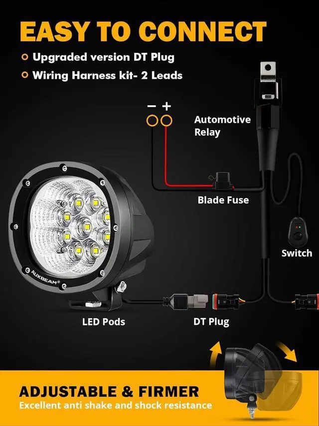 Alt view image 7 of 7 - 4 Inch Round LED Light Pods, 90W Offroad Flood White Light Bar, Super Bright 9000LM Driving Work Light with DT Plug Wiring Harness Kit for Truck Boat Pickup ATV UTV SUV-2PCS