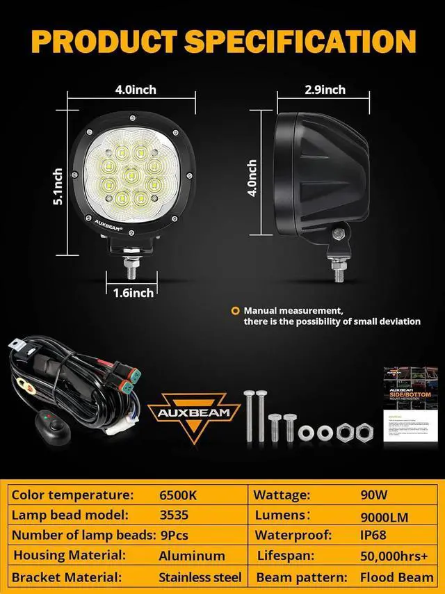 Alt view image 6 of 7 - 4 Inch Round LED Light Pods, 90W Offroad Flood White Light Bar, Super Bright 9000LM Driving Work Light with DT Plug Wiring Harness Kit for Truck Boat Pickup ATV UTV SUV-2PCS