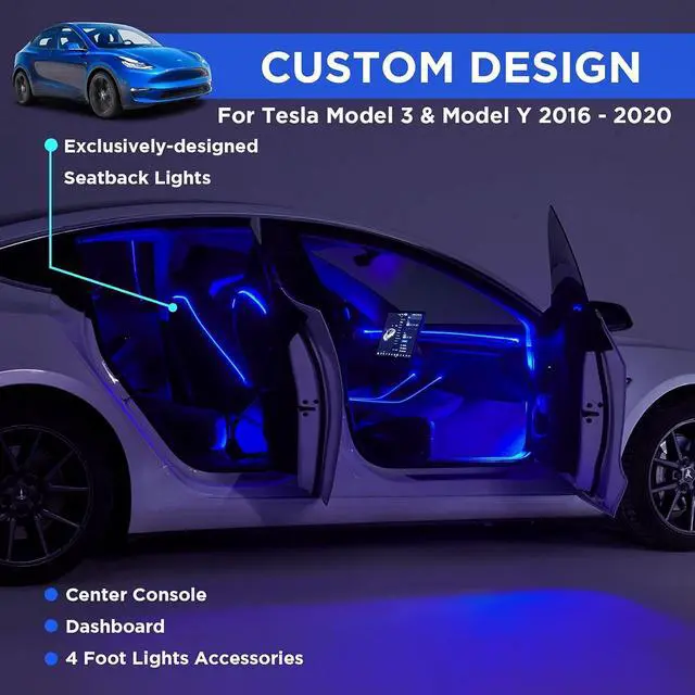 Alt view image 4 of 7 - 2016-2020 Tesla Model 3 Y Interior Car Neon Lights (Center Console+Dashboard+Seat Back+4 Foot Lights) with Matching Armrest Organizer, Tesla Ambient Lighting, APP-Controlled LED Strip Lights