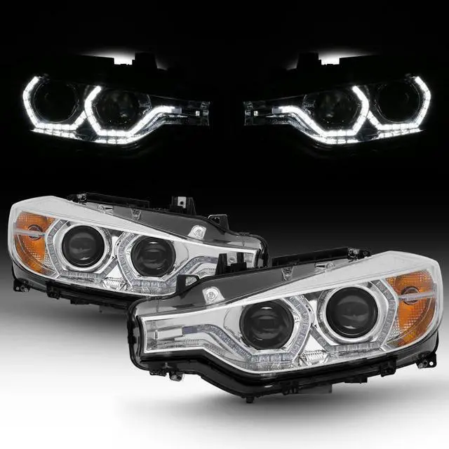 Main image of For BMW F30 3-Series 4 Doors Sedan Chrome Clear Factory Halogen Type Dual U-Halo Ring LED Projector Headlights
