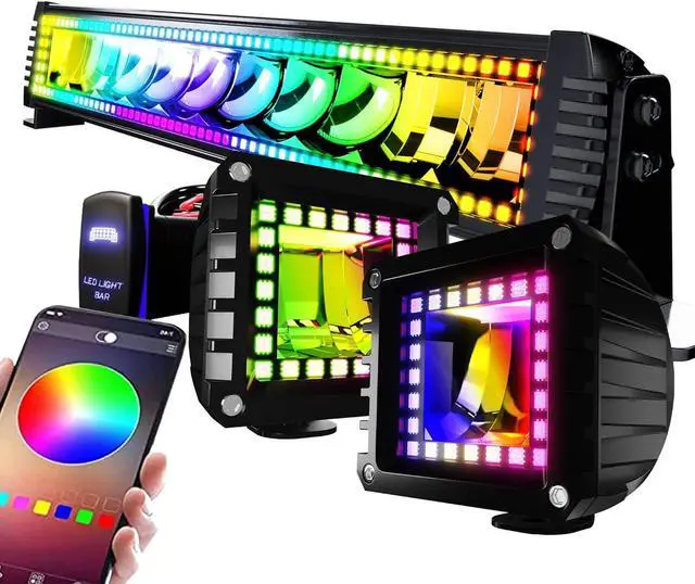 Main image of RGB LED Light Bar 2Pcs 4" Flood LED Pods with Multi-Color Chasing RGB Halo 16 Solid Colors Over 92 Flashing Modes Offroad Lights LED Driving Lamp Fog Lights with Switch Wiring Harness