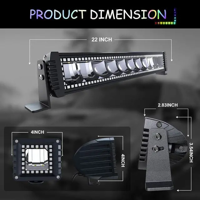 Alt view image 2 of 7 - RGB LED Light Bar 2Pcs 4" Flood LED Pods with Multi-Color Chasing RGB Halo 16 Solid Colors Over 92 Flashing Modes Offroad Lights LED Driving Lamp Fog Lights with Switch Wiring Harness