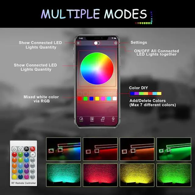 Alt view image 3 of 7 - RGB LED Light Bar 2Pcs 4" Flood LED Pods with Multi-Color Chasing RGB Halo 16 Solid Colors Over 92 Flashing Modes Offroad Lights LED Driving Lamp Fog Lights with Switch Wiring Harness