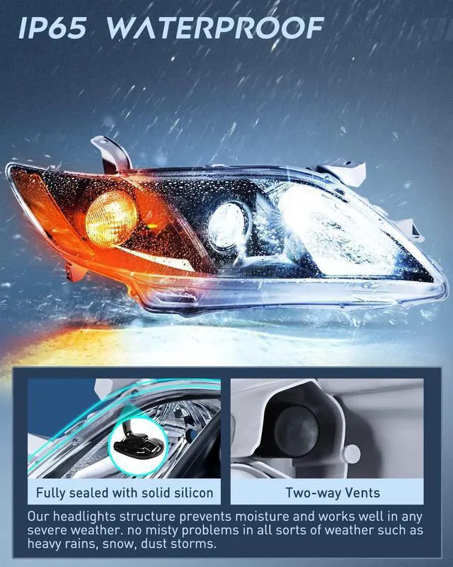 Alt view image 4 of 7 - Headlight Assembly Compatible with 2007 2008 2009 Toyota Camry Headlamps Replacement Black Housing Amber Reflector Driver and Passenger Side