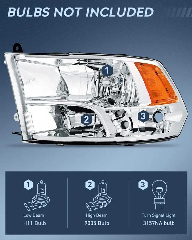 Alt view image 2 of 7 - Headlight Assembly 2009 2010 2011 2012 2013 2014 2015 2016 2017 2018 Ram 1500 2500 3500 Pickup Quad Headlamp Assembly Replacement Chrome Housing Amber Corner Clear Lens,(Only for Quad Models)