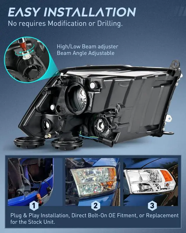 Alt view image 3 of 7 - Headlight Assembly 2009 2010 2011 2012 2013 2014 2015 2016 2017 2018 Ram 1500 2500 3500 Pickup Quad Headlamp Assembly Replacement Chrome Housing Amber Corner Clear Lens,(Only for Quad Models)