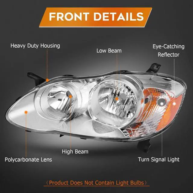 Alt view image 3 of 7 - Headlight Assembly For Toyota Corolla 2003-2008 Chrome Housing Amber Reflector Clear Lens Driver and Passenger Side Headlamp