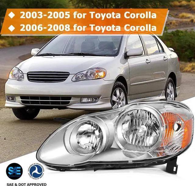Alt view image 2 of 7 - Headlight Assembly For Toyota Corolla 2003-2008 Chrome Housing Amber Reflector Clear Lens Driver and Passenger Side Headlamp