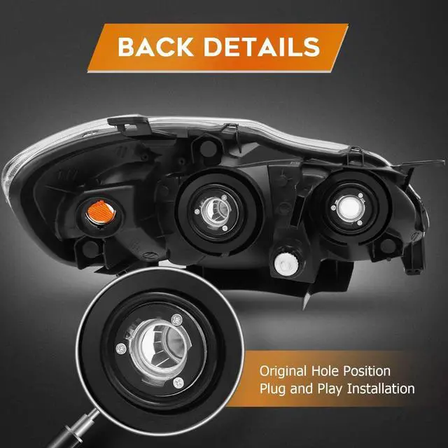 Alt view image 4 of 7 - Headlight Assembly For Toyota Corolla 2003-2008 Chrome Housing Amber Reflector Clear Lens Driver and Passenger Side Headlamp