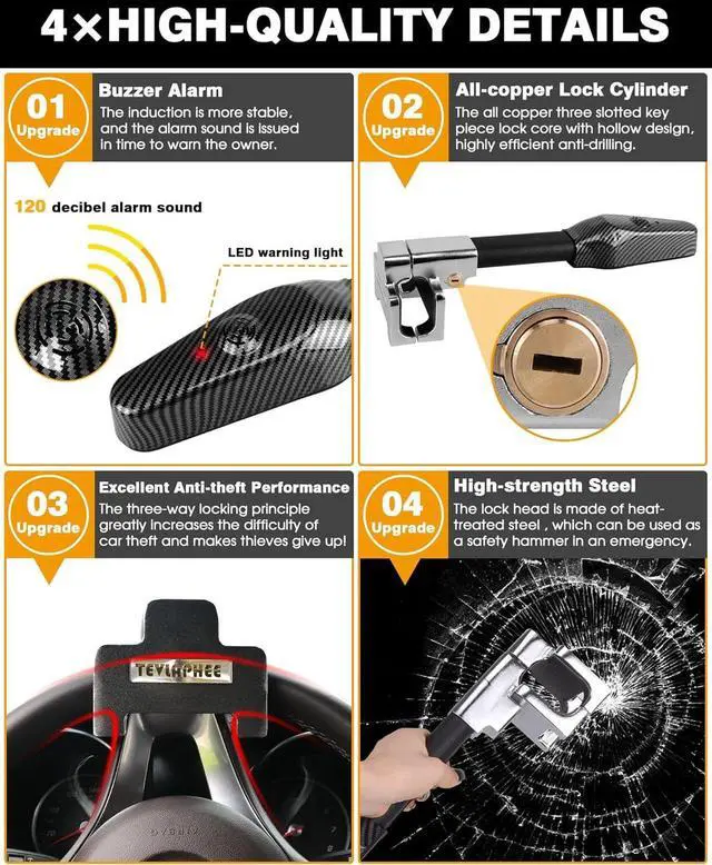Alt view image 3 of 6 - Steering Wheel Lock with Alarm,Heavy Duty Anti-Theft Car Device Car Lock Car Theft Prevention Universal Fit for Vehicle Truck Van SUV Car Security with 2 Keys