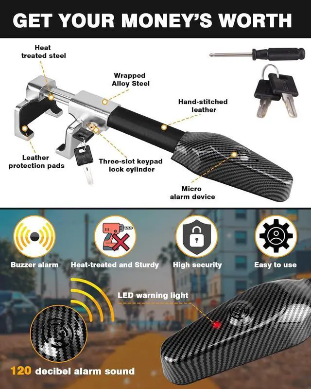 Alt view image 6 of 6 - Steering Wheel Lock with Alarm,Heavy Duty Anti-Theft Car Device Car Lock Car Theft Prevention Universal Fit for Vehicle Truck Van SUV Car Security with 2 Keys